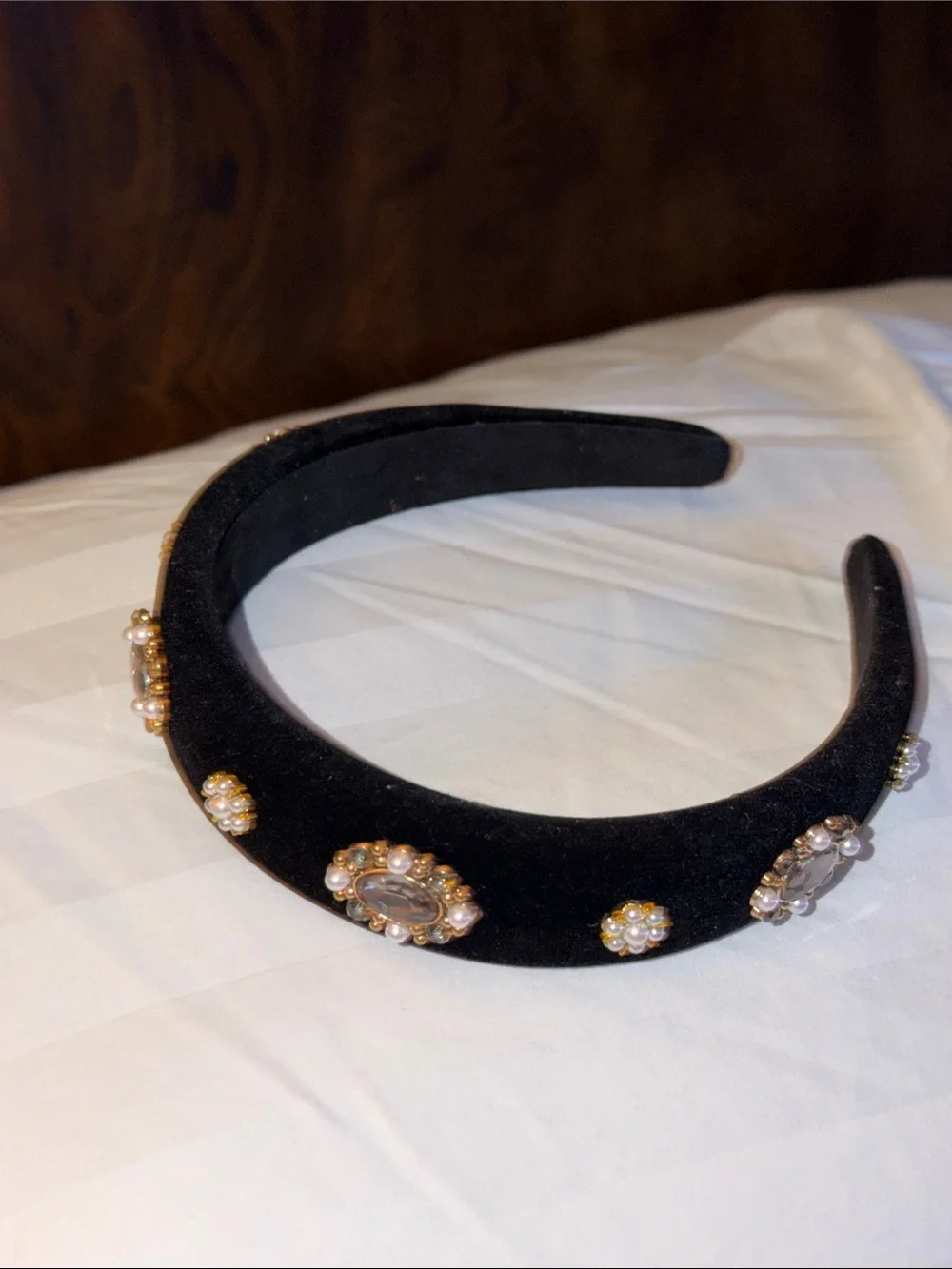 Black velvet Embellished four beautiful cameo style Crystal and pearls headband